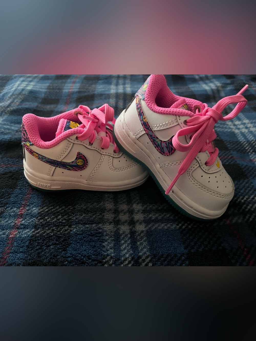 Nike Kids White Sneakers with Pink Lining and Multicolor Swoosh